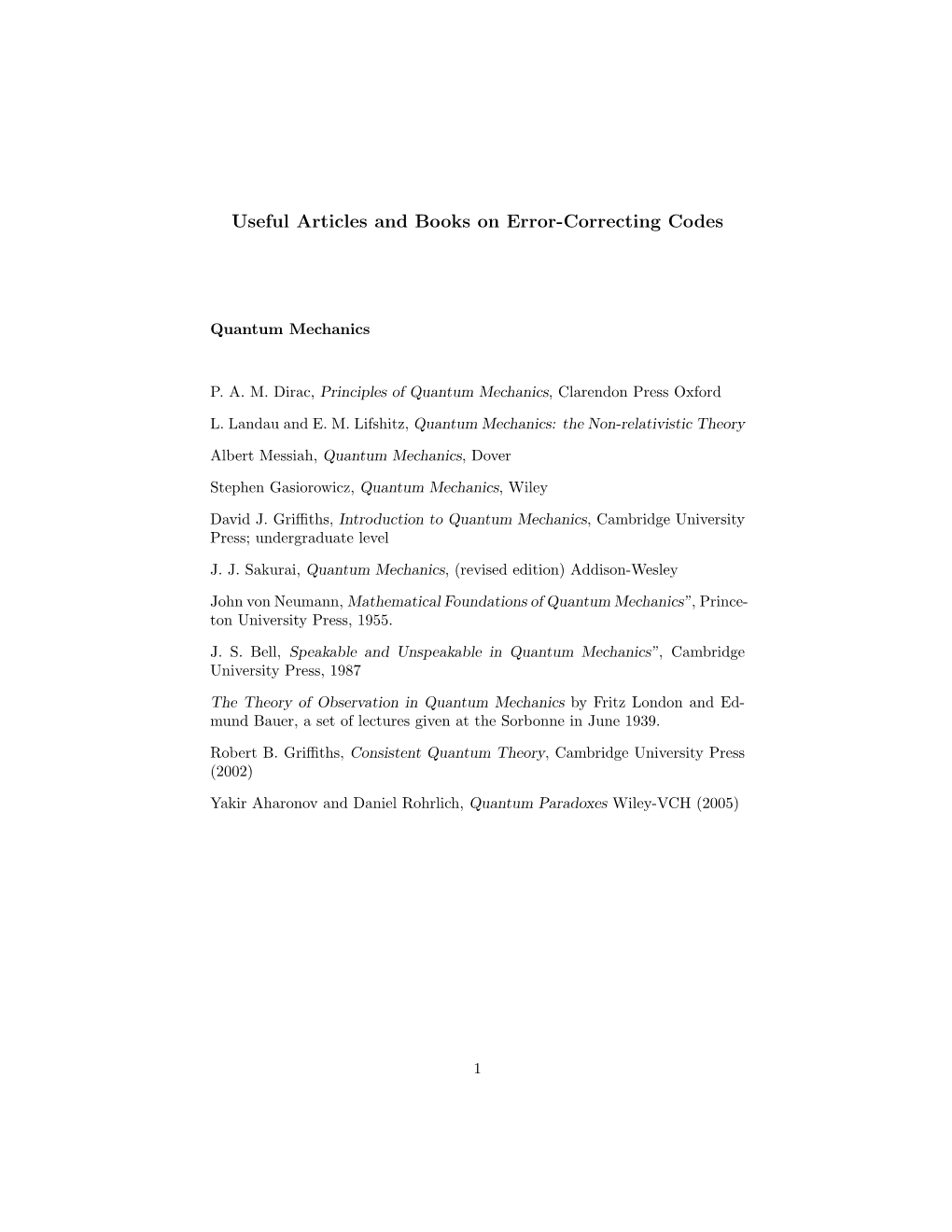 Books on Classical and Quantum Error-Correcting Codes