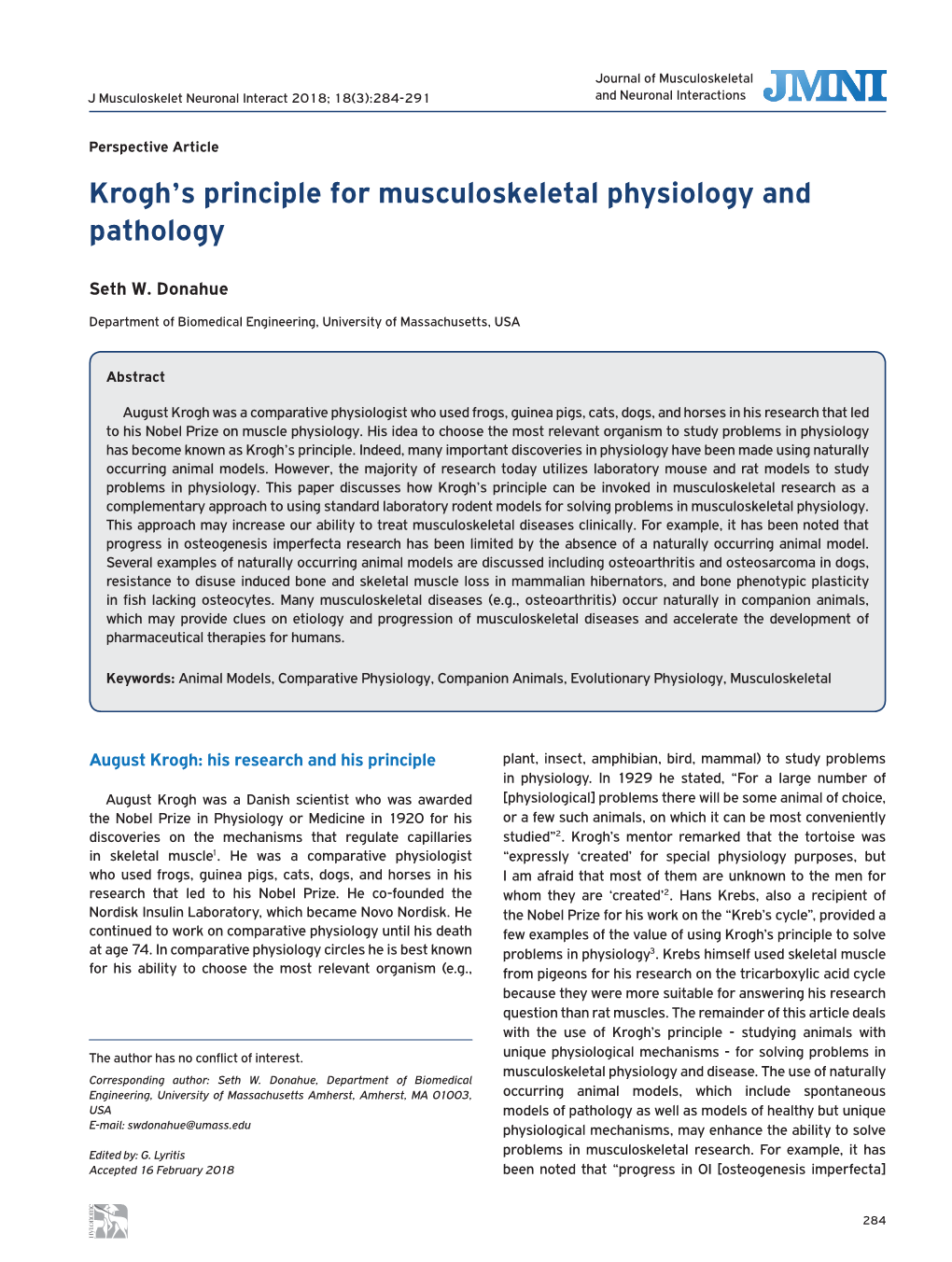 Krogh's Principle for Musculoskeletal Physiology and Pathology