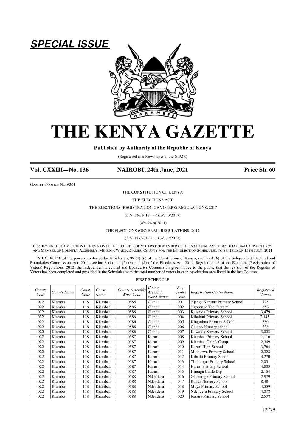 THE KENYA GAZETTE Published by Authority of the Republic of Kenya (Registered As a Newspaper at the G.P.O.)