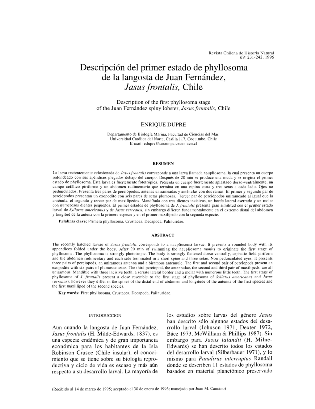 Descripción Del Primer Estado De Phyllosoma De La Langosta De Juan Fernández, 1 Asus Frontalis, Chile