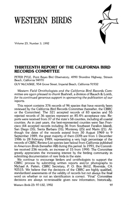 Thirteenth Report of the California Bird Records Committee