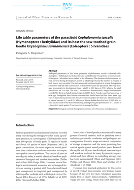 Life Table Parameters of the Parasitoid Cephalonomia Tarsalis