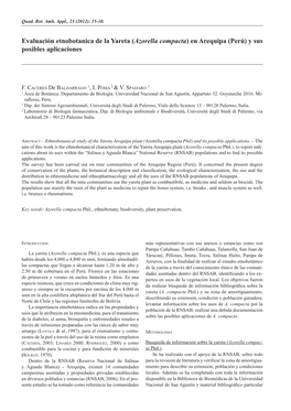 Evaluación Etnobotanica De La Yareta (Azorella Compacta) En Arequipa (Perú) Y Sus Posibles Aplicaciones