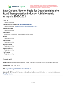 Low-Carbon Alcohol Fuels for Decarbonizing the Road Transportation Industry: a Bibliometric Analysis 2000-2021