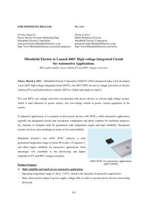 Mitsubishi Electric to Launch 600V High-Voltage Integrated Circuit for Automotive Applications Will Enable Smaller, More Reliable EV and HEV Voltage Converters