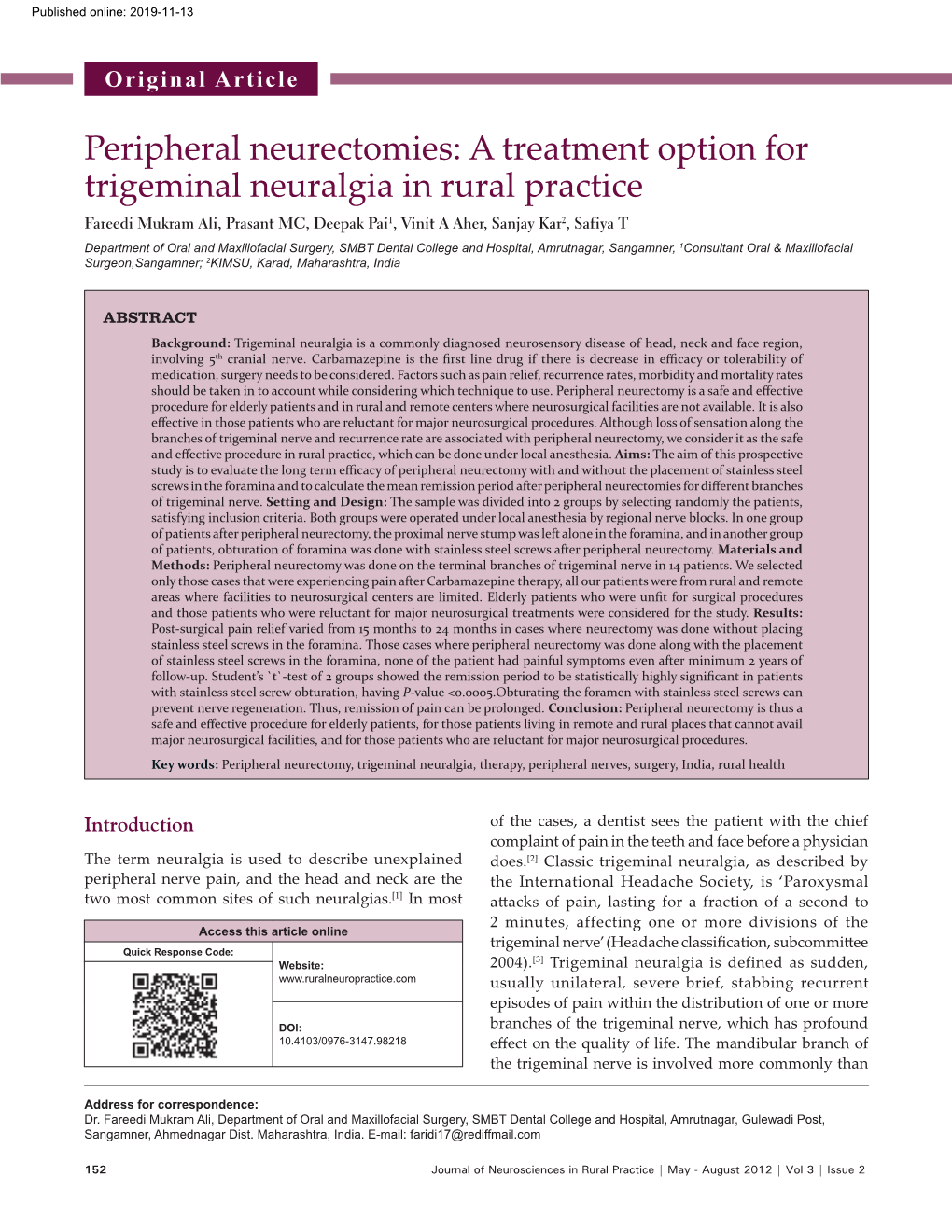Peripheral Neurectomies: a Treatment Option for Trigeminal Neuralgia in Rural Practice