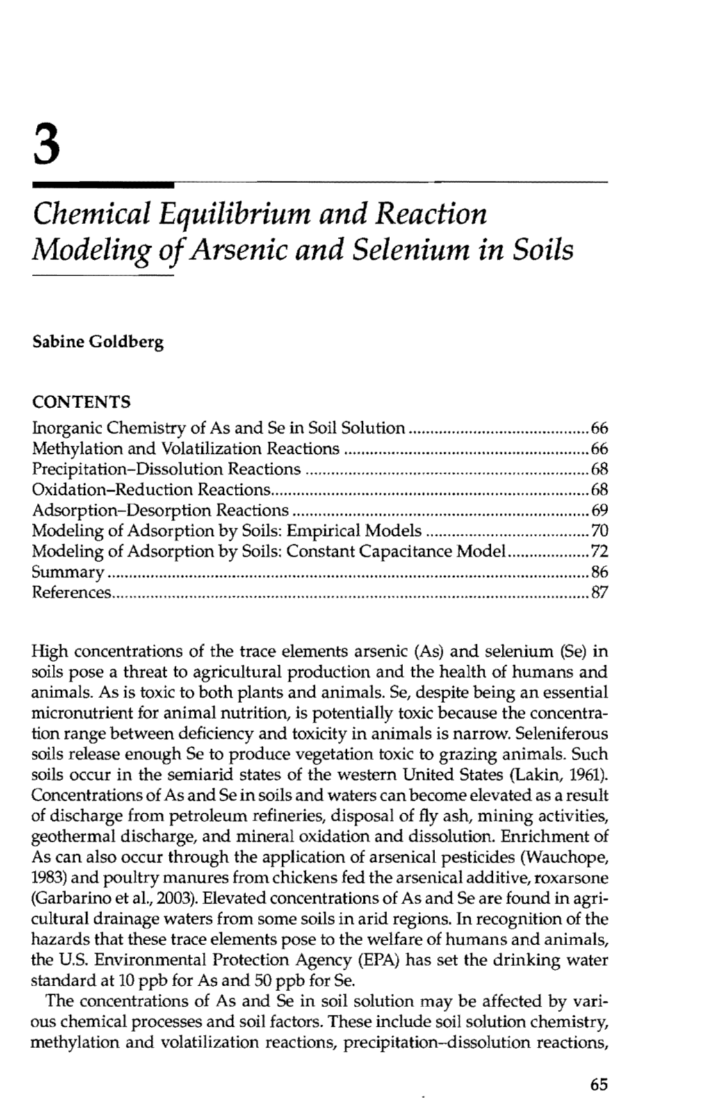 Chemical Equilibrium and Reaction Modeling of Arsenic and Selenium in Soils