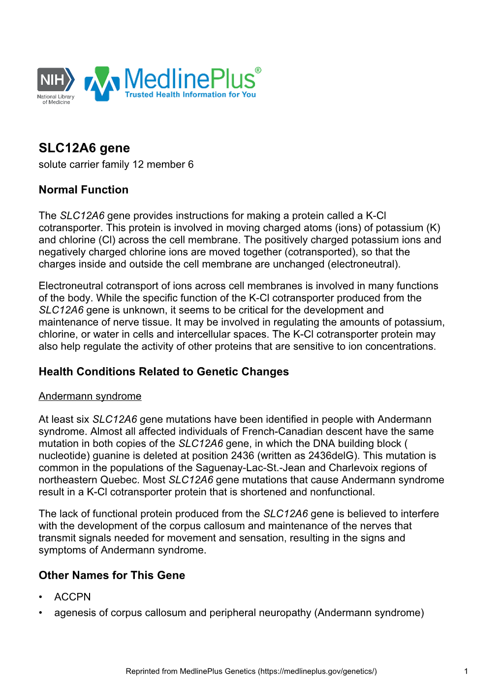 SLC12A6 Gene Solute Carrier Family 12 Member 6