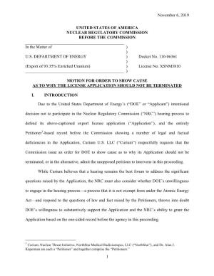 Curium U.S. LLC Motion for Order to Show Cause As to Why the License Application Should Not Be Terminated