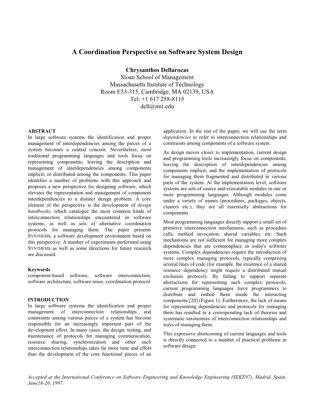 A Coordination Perspective on Software System Design