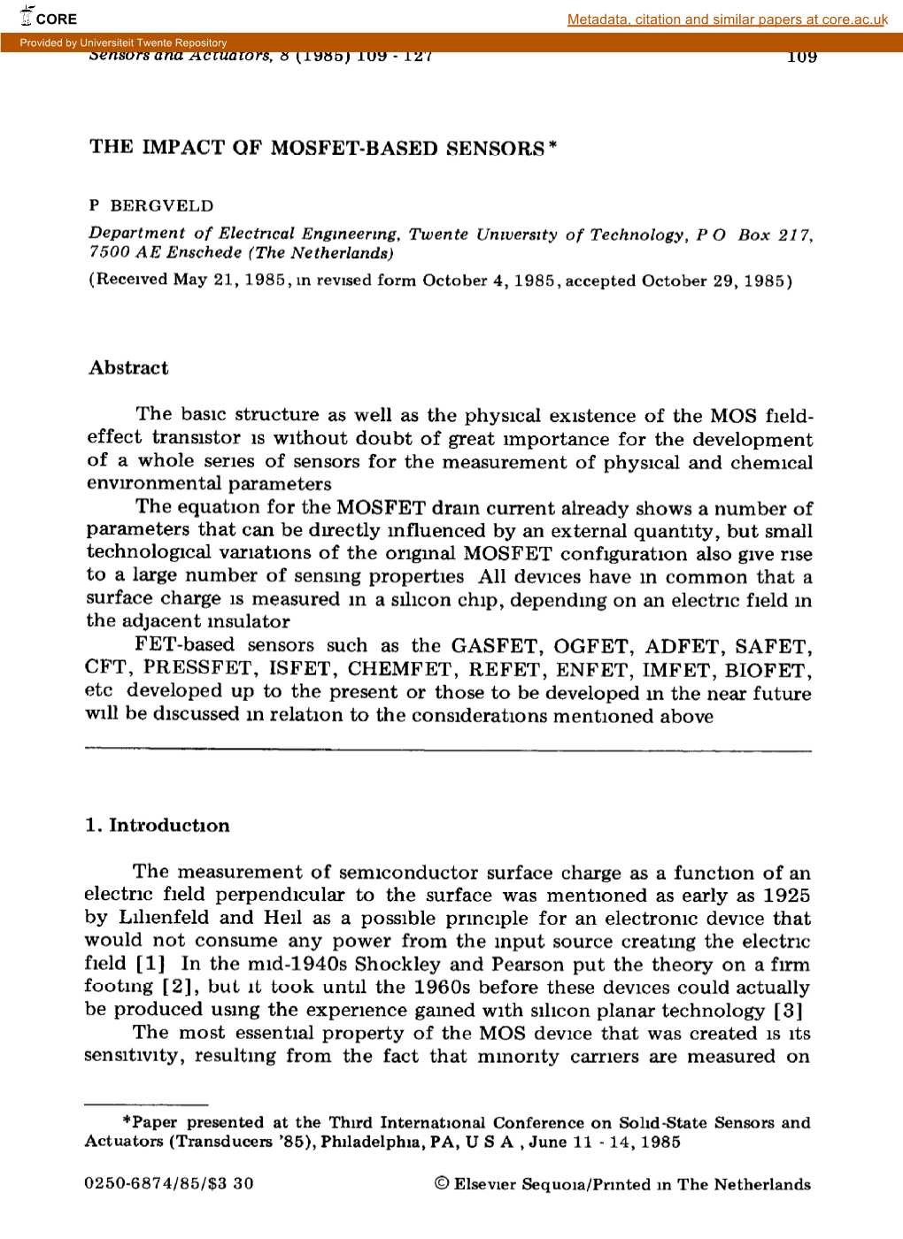 THE IMPACT QF MOSFET-BASED SENSORS * Abstract The