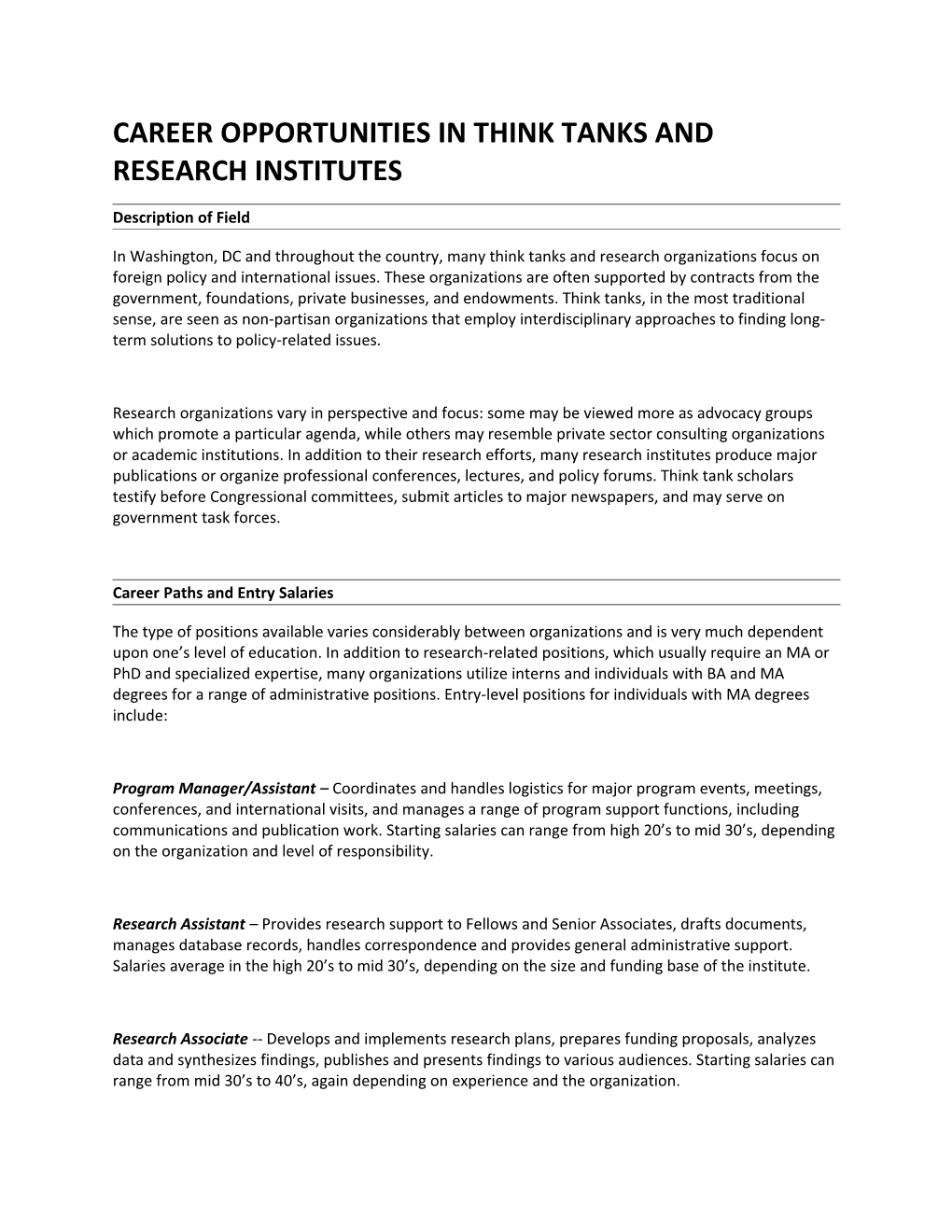 Career Opportunities in Think Tanks and Research Institutes