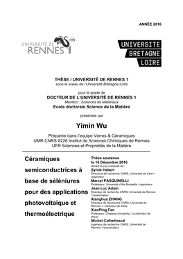 Yimin Wu Préparée Dans L’Equipe Verres & Céramiques UMR CNRS 6226 Institut De Sciences Chimiques De Rennes UFR Sciences Et Propriétés De La Matiére