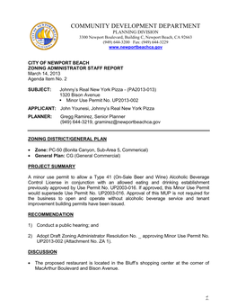 CITY of NEWPORT BEACH ZONING ADMINISTRATOR STAFF REPORT March 14, 2013 Agenda Item No