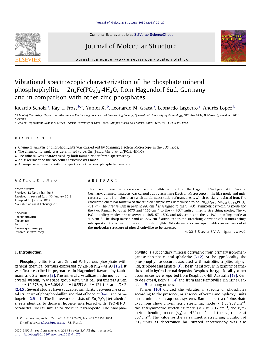 Vibrational Spectroscopic Characterization of the Phosphate Mineral Phosphophyllite Â