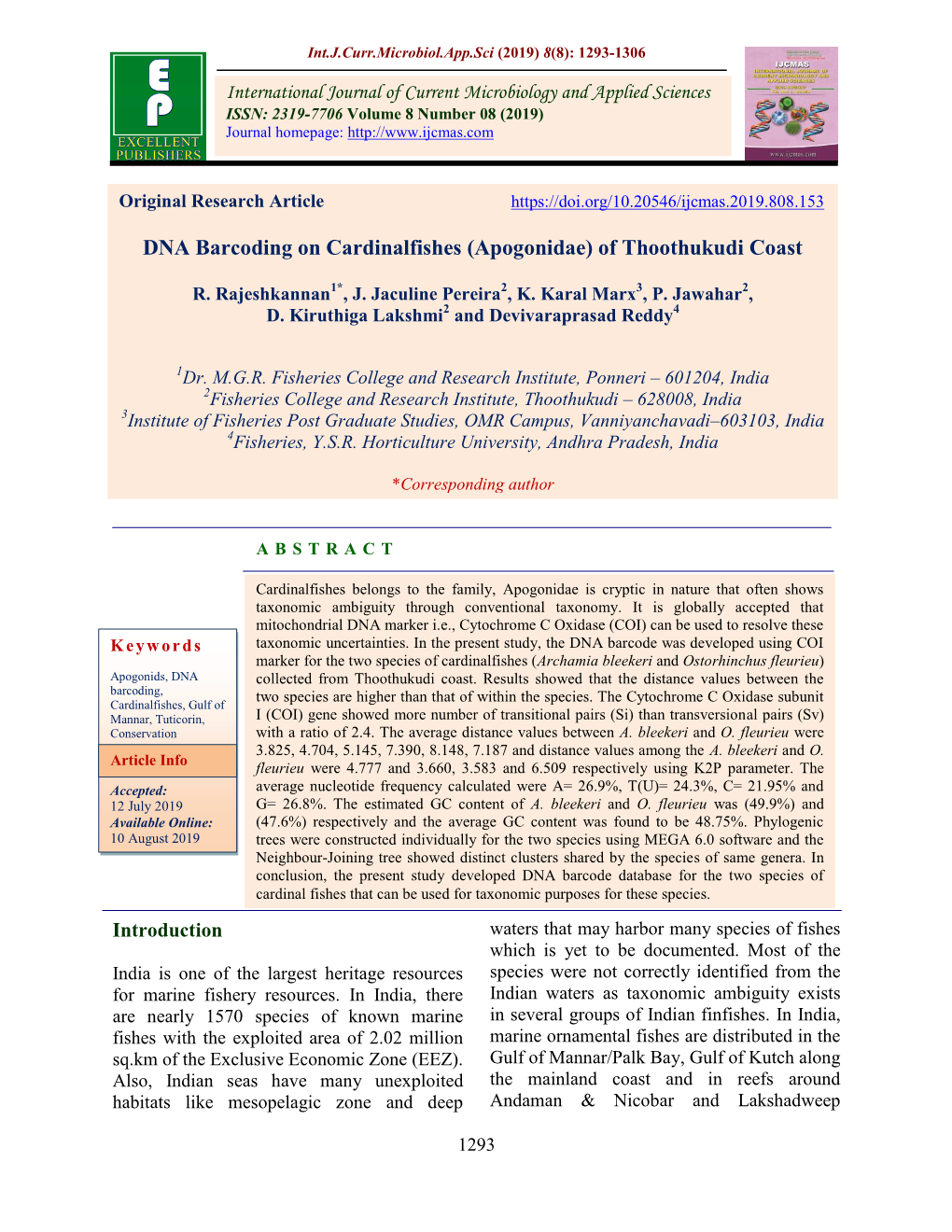 DNA Barcoding on Cardinalfishes (Apogonidae) of Thoothukudi Coast