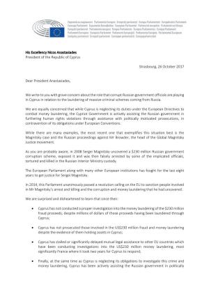 Joint Letter to President Anastasiades of Cyprus Concerning Laundering of Massive Criminal Schemes by Corrupt Russian