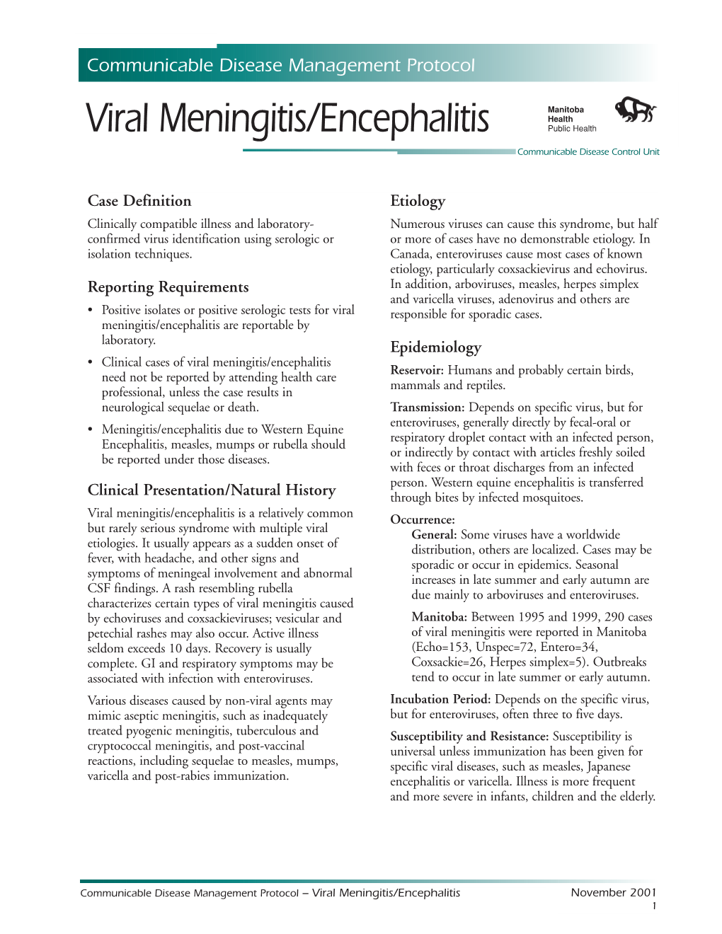 Viral Meningitis/Encephalitis Public Health Communicable Disease Control Unit