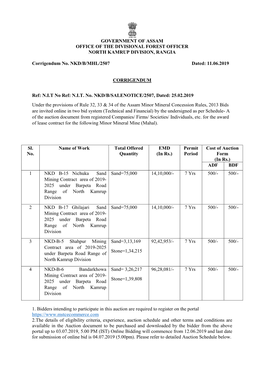 GOVERNMENT of ASSAM OFFICE of the DIVISIONAL FOREST OFFICER NORTH KAMRUP DIVISION, RANGIA Corrigendum No. NKD/B/MHL/2507 Dated