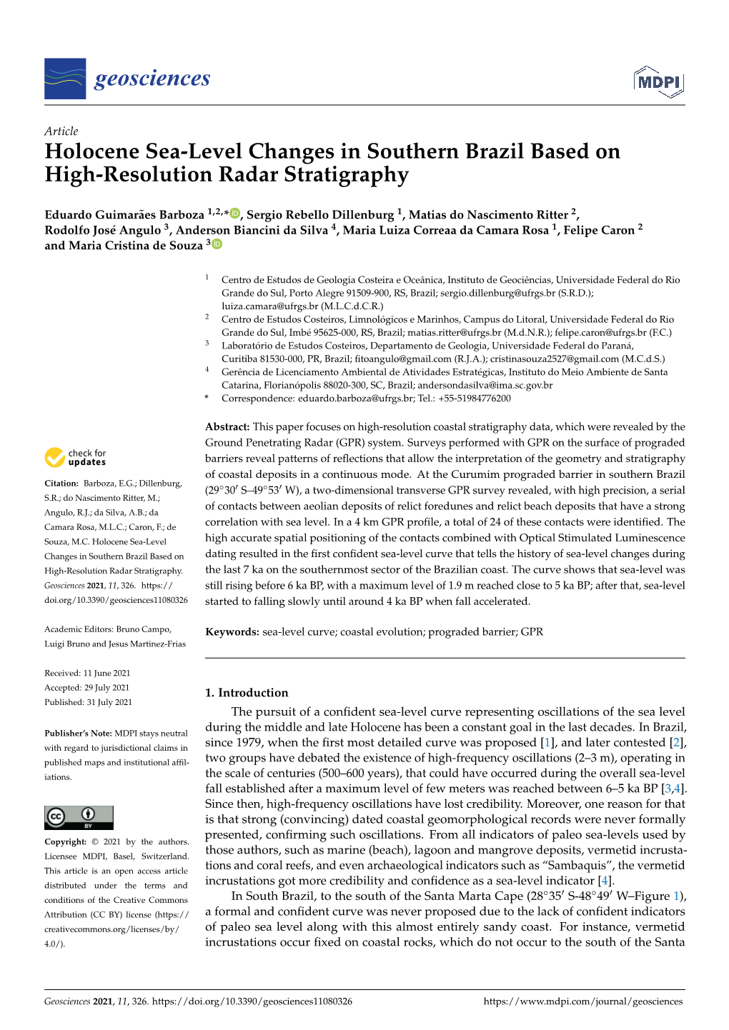 Holocene Sea-Level Changes in Southern Brazil Based on High-Resolution Radar Stratigraphy