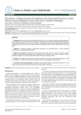 Prevalence of Hyperemesis Gravidarum and Associated Factors in Arba Minch General Hospital, Gamo Gofa Zone, Southern Ethiopia
