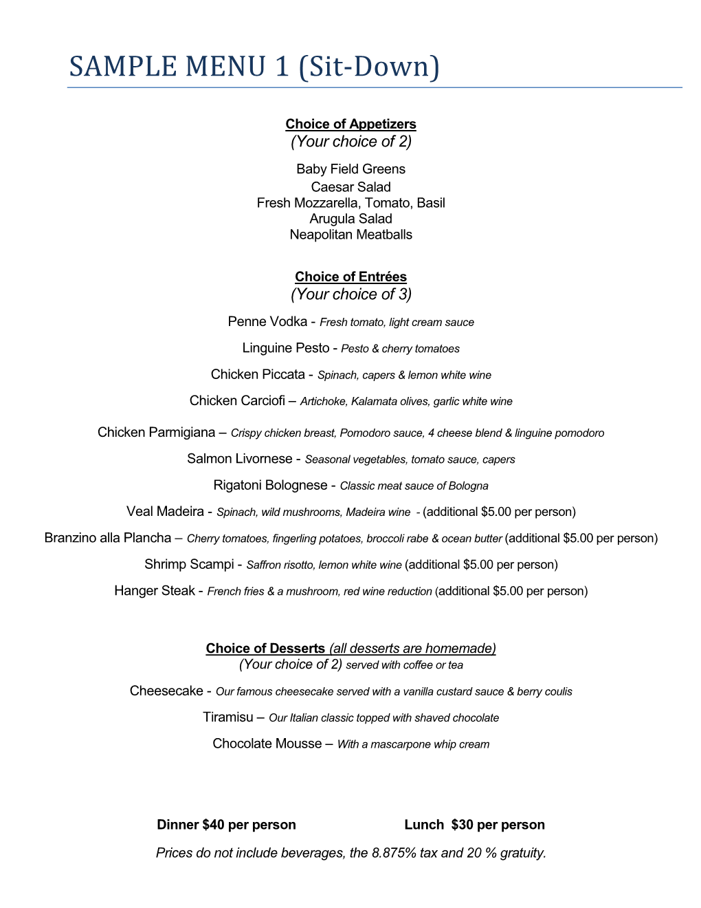 SAMPLE MENU 1 (Sit-Down)