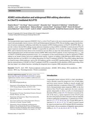 ADAR2 Mislocalization and Widespread RNA Editing Aberrations in C9orf72‑Mediated ALS/FTD