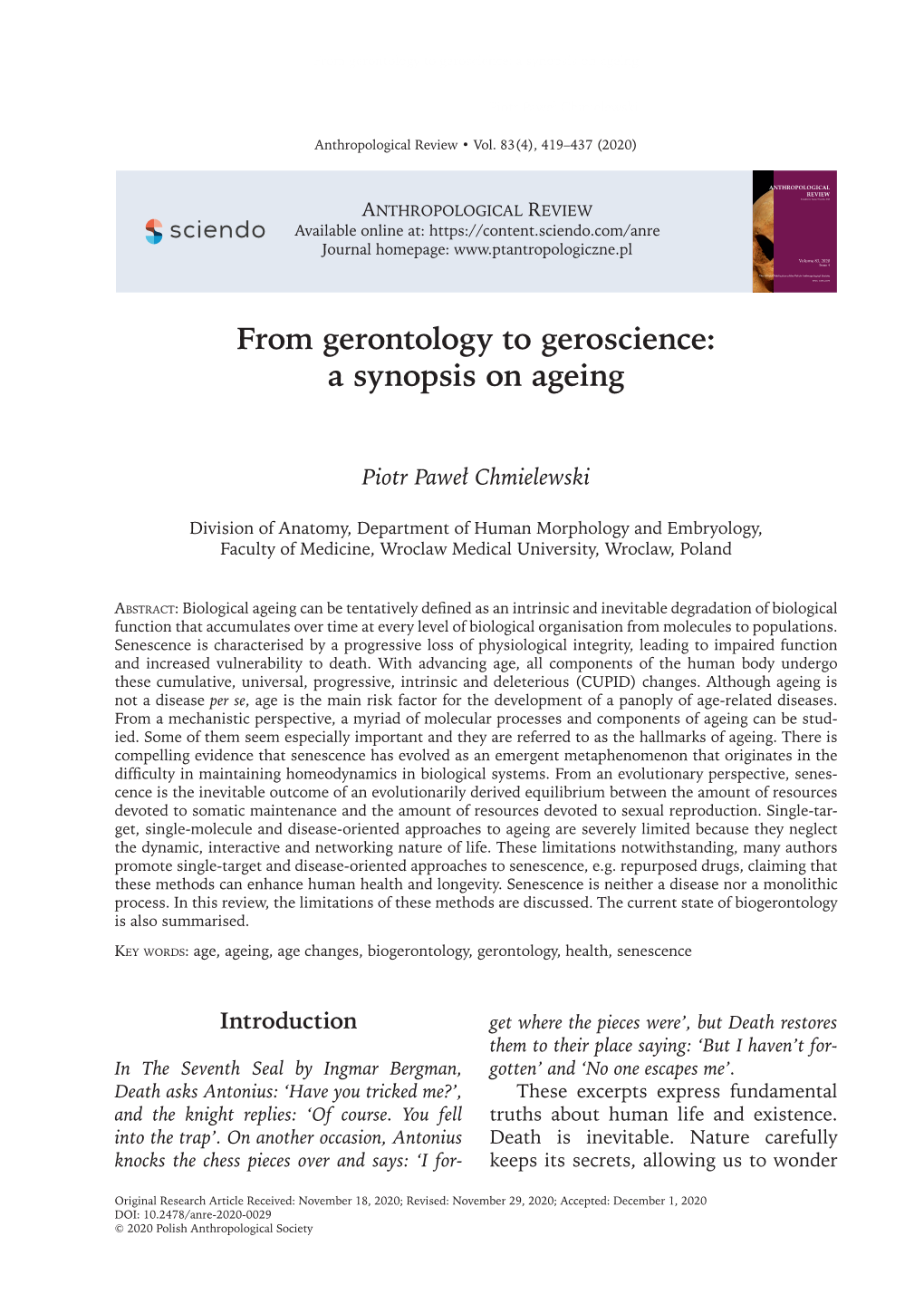 From Gerontology to Geroscience: a Synopsis on Ageing