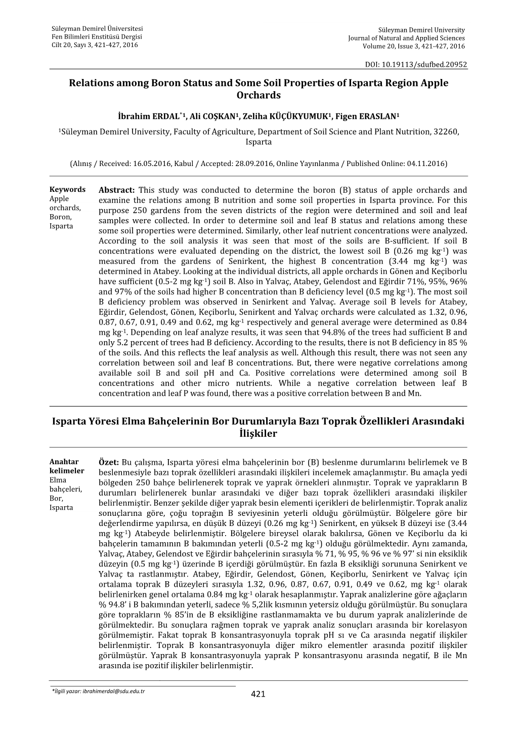 Relations Among Boron Status and Some Soil Properties of Isparta