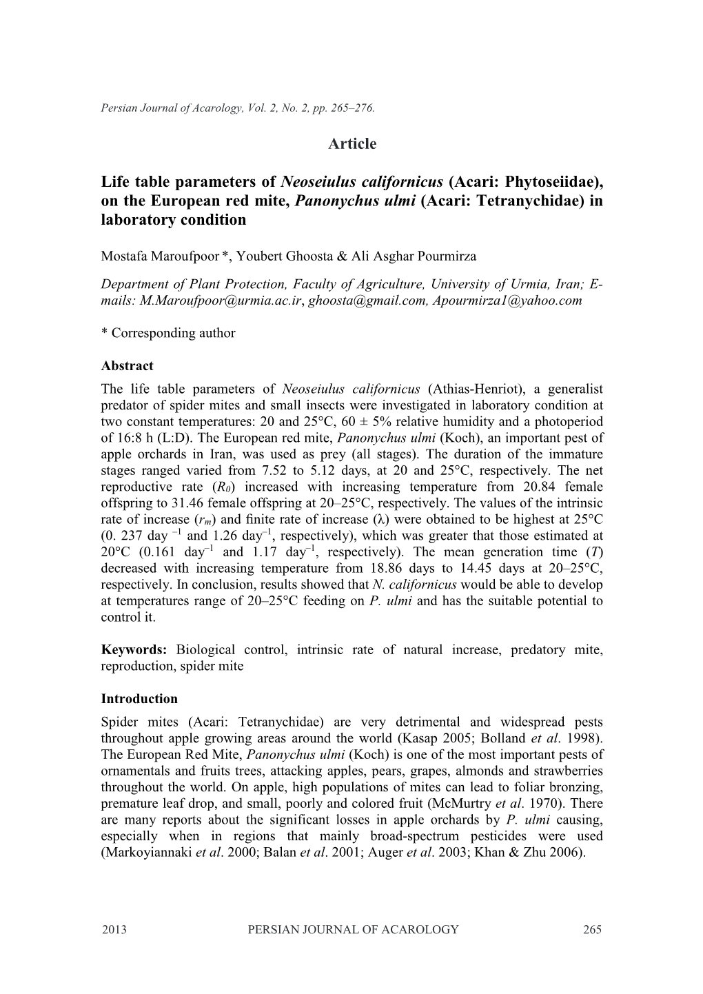 Article Life Table Parameters of Neoseiulus Californicus