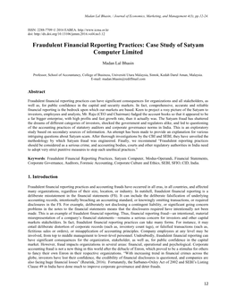 Fraudulent Financial Reporting Practices: Case Study of Satyam Computer Limited