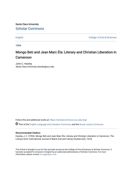 Mongo Beti and Jean Marc Ã›La: Literary and Christian Liberation In