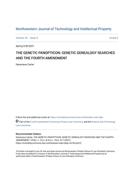 The Genetic Panopticon: Genetic Genealogy Searches and the Fourth Amendment