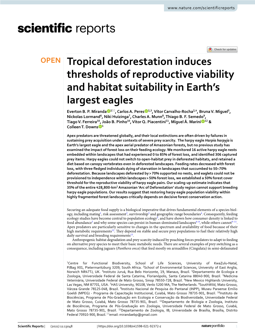 Tropical Deforestation Induces Thresholds of Reproductive Viability and Habitat Suitability in Earth’S Largest Eagles Everton B