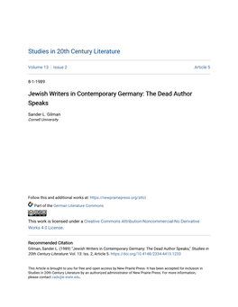 Jewish Writers in Contemporary Germany: the Dead Author Speaks
