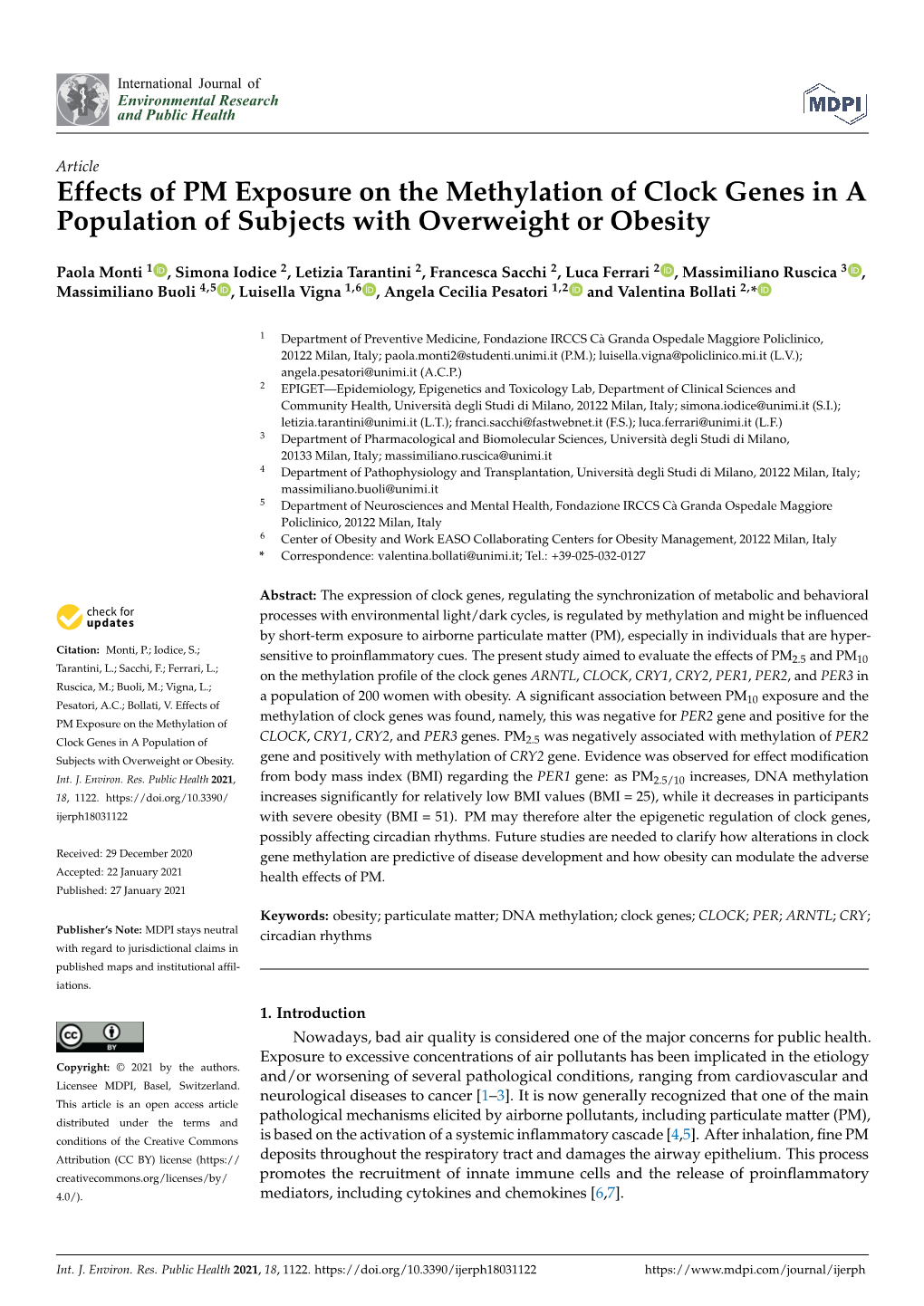 Effects of PM Exposure on the Methylation of Clock Genes in a Population of Subjects with Overweight Or Obesity