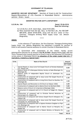 Repairs/Renovations of (15) Churches in Nizamabad District - Administrative Sanction – Orders – Issued
