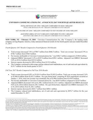 Univision Communications Inc. Announces 2017 Fourth Quarter Results
