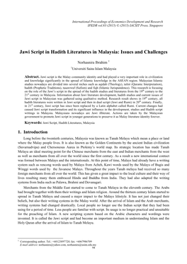 Jawi Script in Hadith Literatures in Malaysia: Issues and Challenges