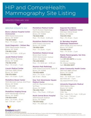 HIP and Comprehealth Mammography Site Listing Updated February 2010