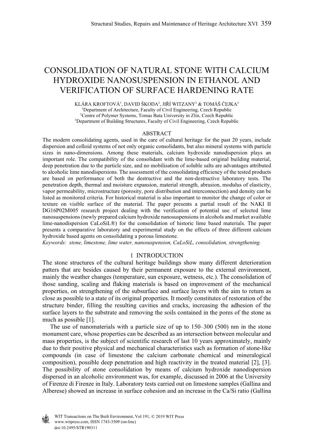 Consolidation of Natural Stone with Calcium Hydroxide Nanosuspension in Ethanol and Verification of Surface Hardening Rate
