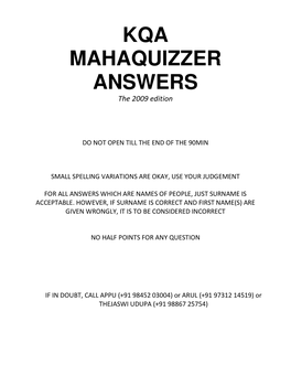 Mahaquizzer 2009 Answers