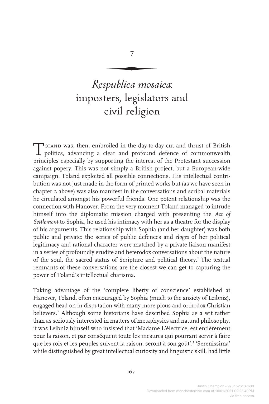 Respublica Mosaica: Imposters, Legislators and Civil Religion