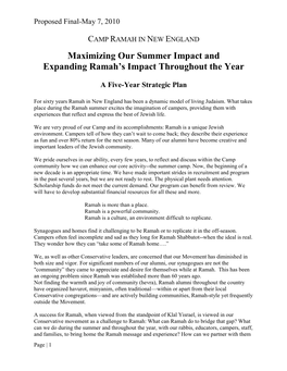 Maximizing Our Summer Impact and Expanding Ramah's Impact Throughout the Year a Five-Year Strategic Plan