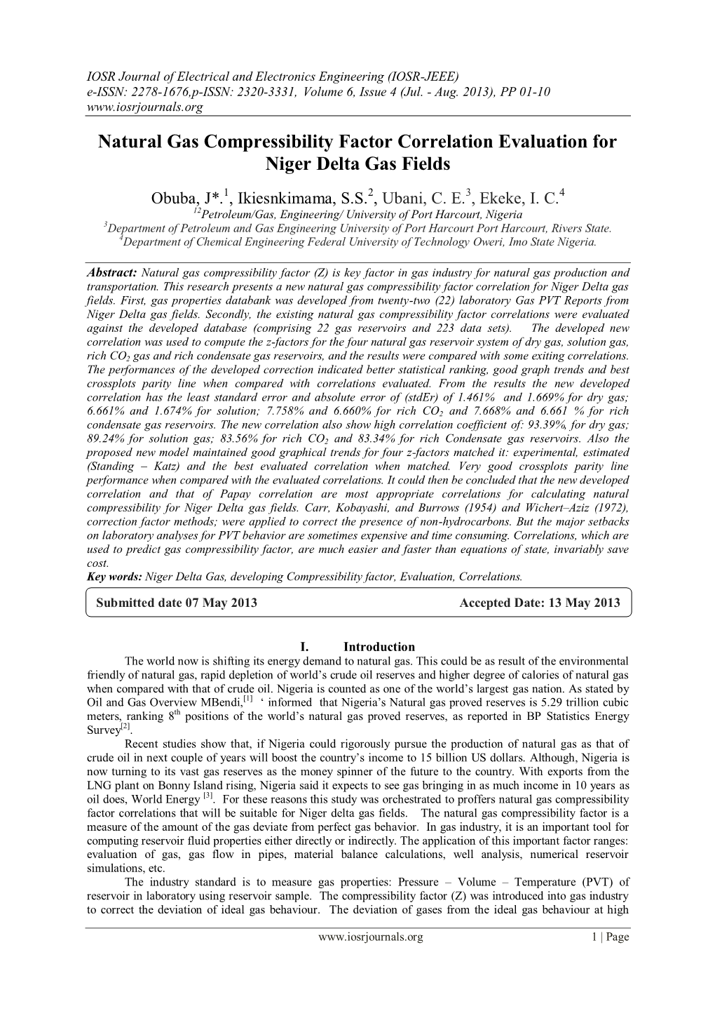 Natural Gas Compressibility Factor Correlation Evaluation for Niger Delta Gas Fields