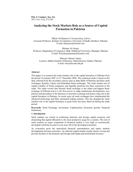 Analyzing the Stock Markets Role As a Source of Capital Formation in Pakistan