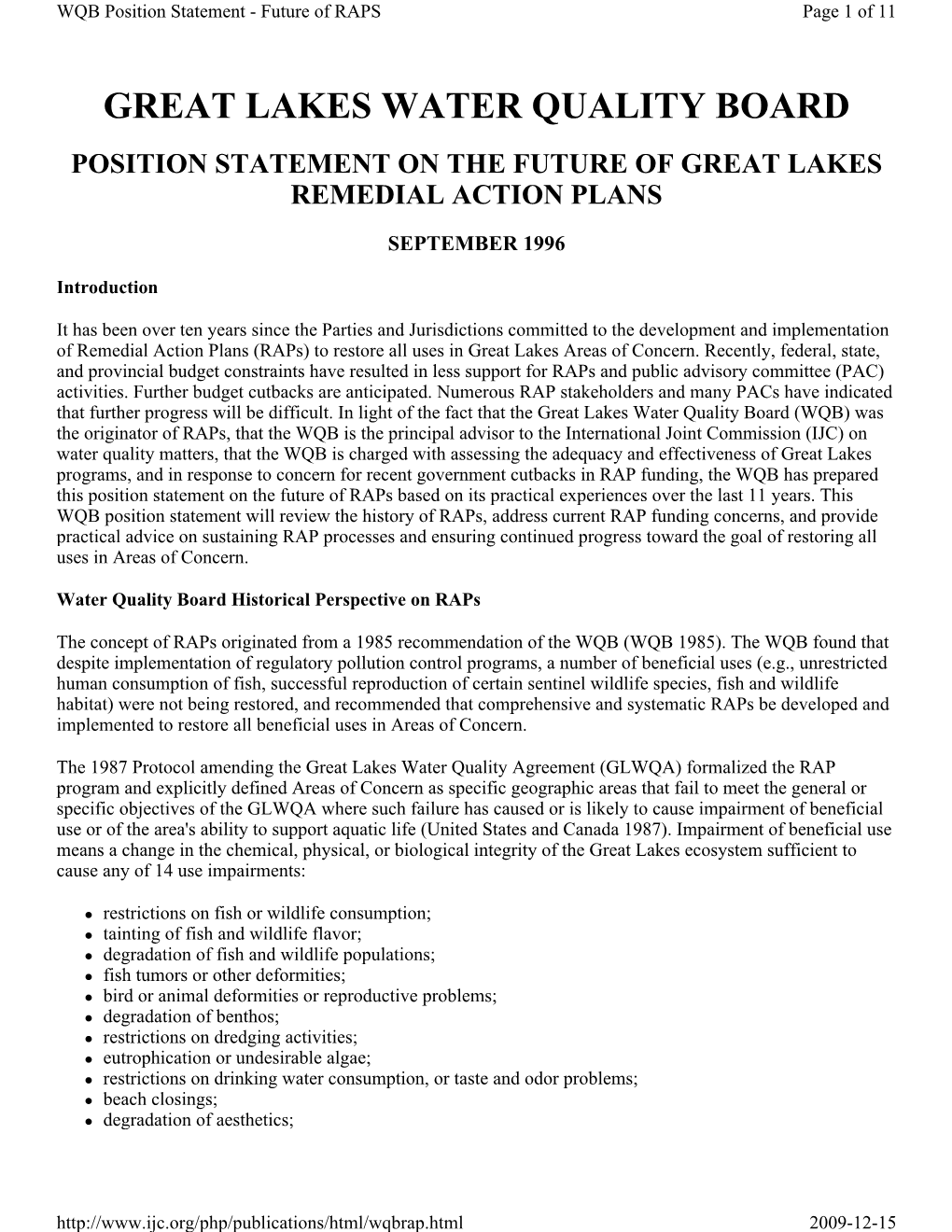 Great Lakes Water Quality Board Position Statement on the Future of Great Lakes Remedial Action Plans