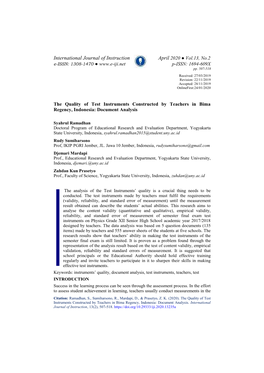 The Quality of Test Instruments Constructed by Teachers in Bima Regency, Indonesia: Document Analysis