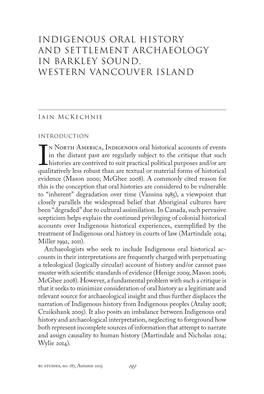 Indigenous Oral History and Settlement Archaeology in Barkley Sound, Western Vancouver Island