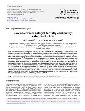Low Cost/Waste Catalyst for Fatty Acid Methyl Ester Production